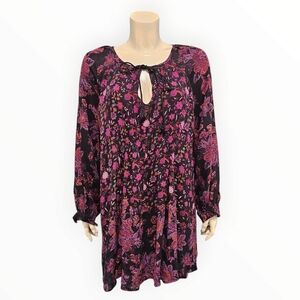 FREE PEOPLE Lucky Loosey Black Purple Pink Floral Mini Rayon Tunic Dress XS